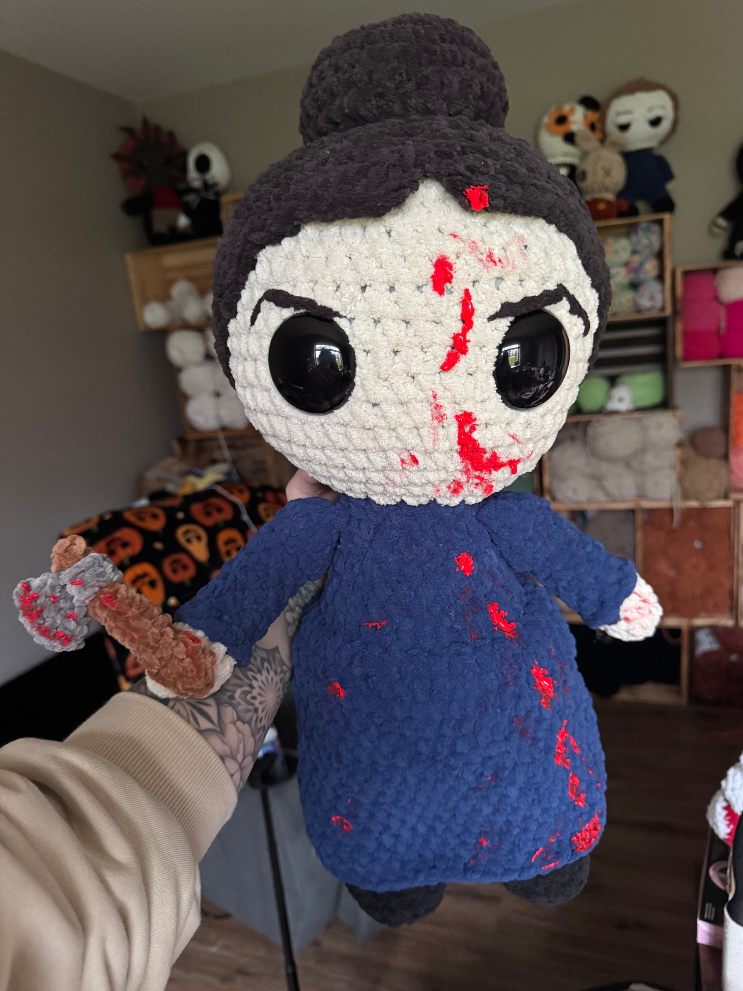 🪓 Little Miss Forty Whacks 18’— Handmade Crochet Horror Doll